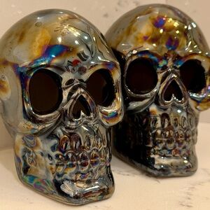 Set of 2 Chromatic Black 4 Inch Decorative Ceramic Glazed Halloween Skulls
